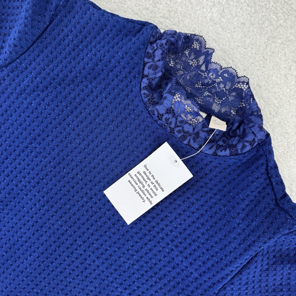 LOGO by Lori Goldstein Metallic Waffle Knit Mock Neck Top Sweater Small Blue - Picture 2 of 13